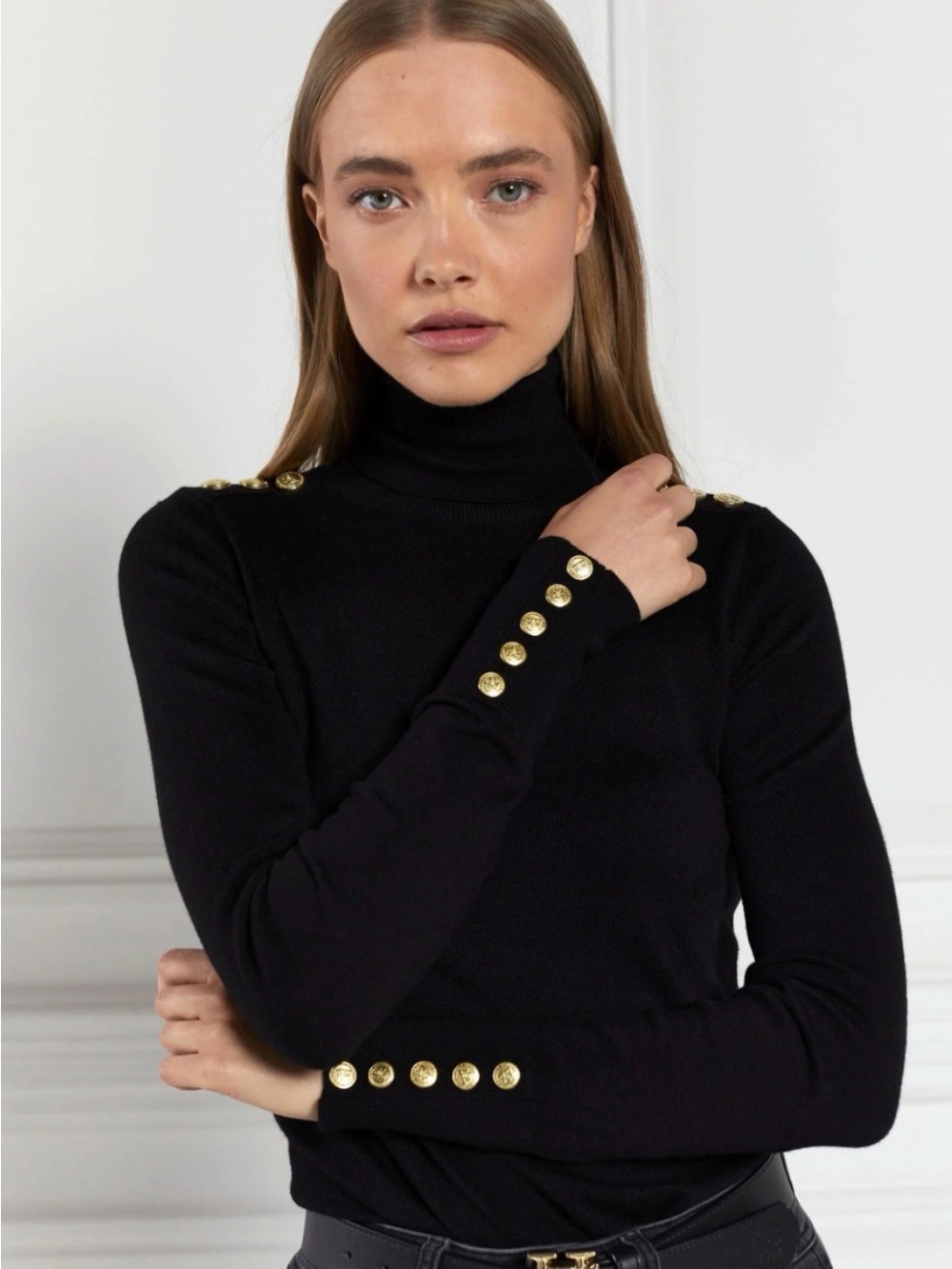 EUC Holland Cooper Buttoned Knit Roll Neck Ladies Knit Sweater in Black